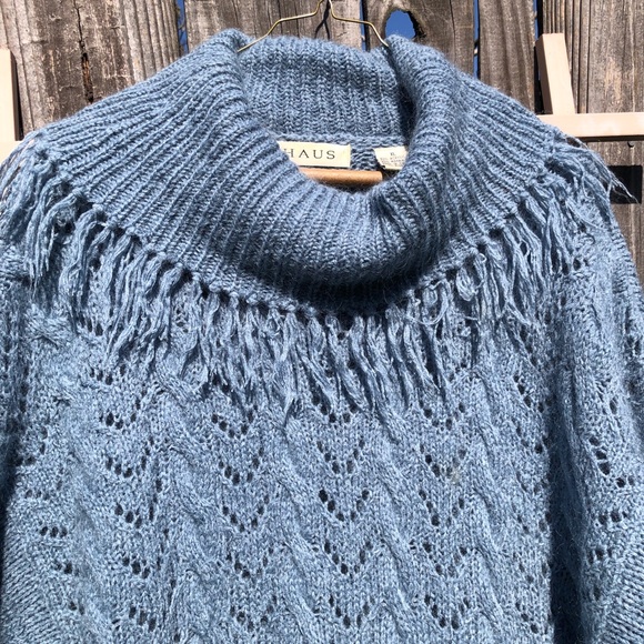 Chaus Oversized Blue Mohair Sweater Cable Knit Tassel Collar XL - Picture 2 of 10